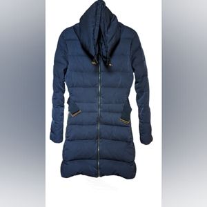 EUC ZARA Basic black gold hardware exposed zip down midi length quilted puffer